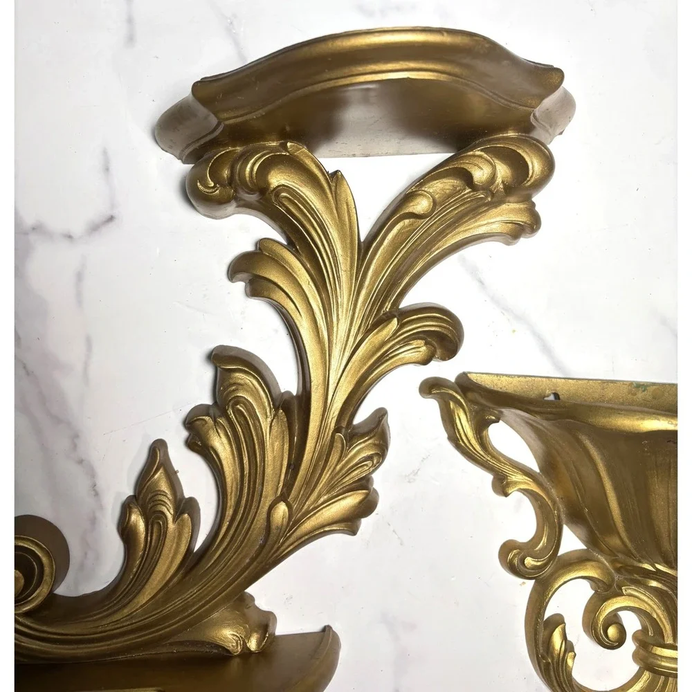 Vintage Gold Wall Shelf and Pocket Planter Set Hollywood Regency Ornate Decor